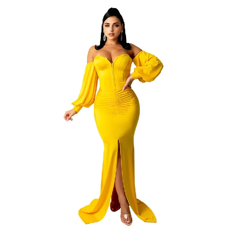 Women's Holiday Clothing All Season Basics Discount Julia Fashion - Women Sexy Slash Neck Split Maxi Dress Women's Holiday Clothing All Season Basics Discount Julia Fashion - Women Sexy Slash Neck Split Maxi Dress