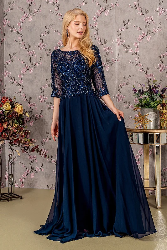 Casual Fashion Metallic Sequin Sheer Neckline Chiffon A-line Long Mother Of The Bride Dress GLGL3446