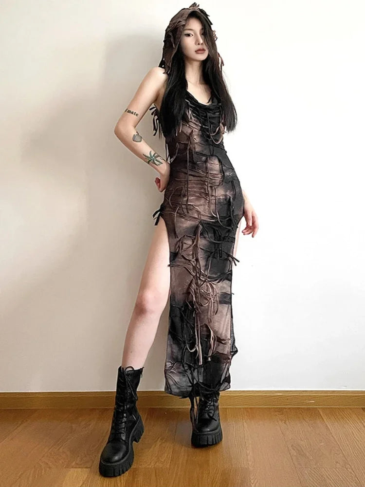 Women's Clothing For Special Occasions Spring Fling Sale Tassel Vintage Gothic Hooded Midi Dress Grunge Y2K Sexy High Split Sleeveless Tie Dye Dress