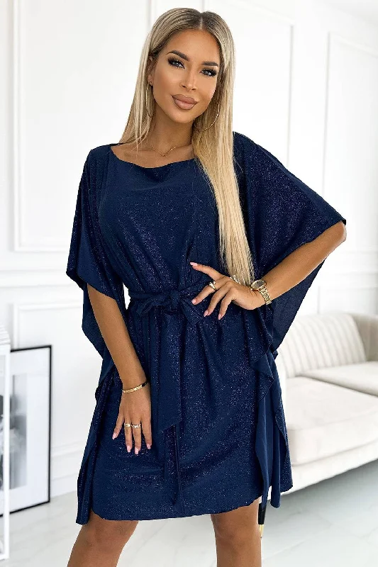 Laid-Back Fashion Offers Numoco 287-25 SOFIA Butterfly dress with a binding at the waist - navy blue with glitter