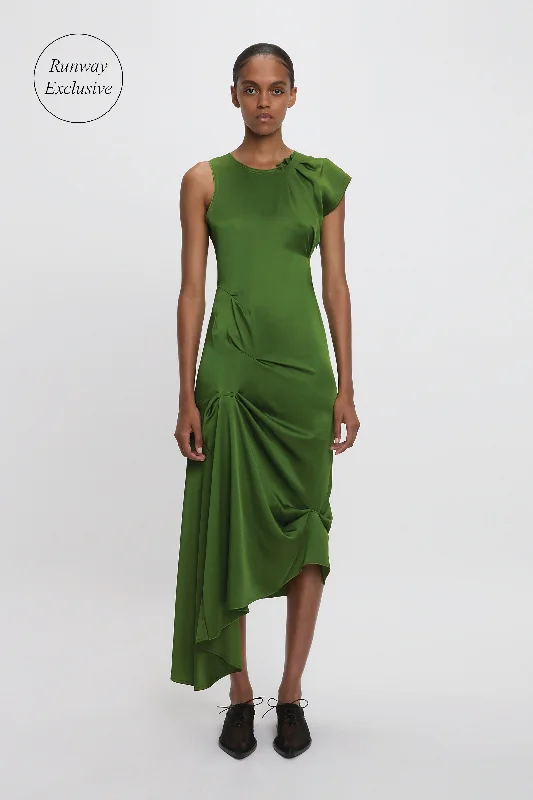 Women's Elegant Outfit Exclusive Sale Draped Tuck Detail Midi Dress in Algae Green