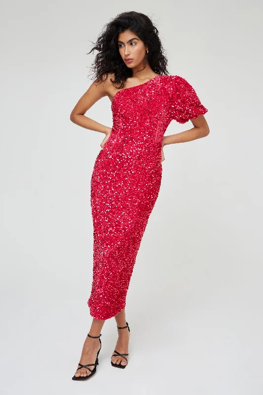 Fashionable Women's Clothes Break Fashion Norms SEQUIN ONE SHOULDER MIDI DRESS