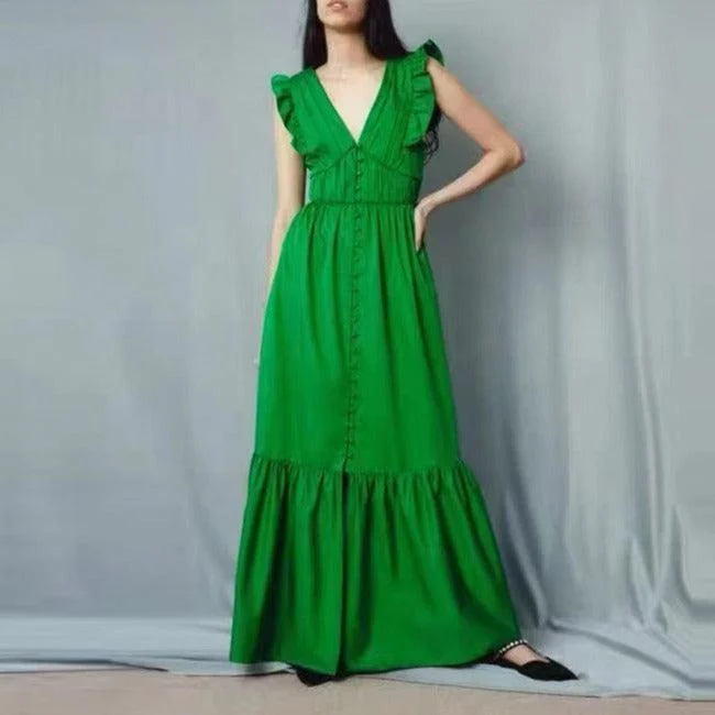 Women's Elegant Clothes Wardrobe Upgrade KittenAlarm - Tuppence V Neck Ruffle Sleeves Maxi Dress
