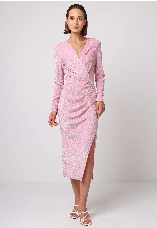 Fashion-Forward Women's Clothing Seasonal Sale Metallic Long Sleeve Faux Wrap Midi Dress in Pink