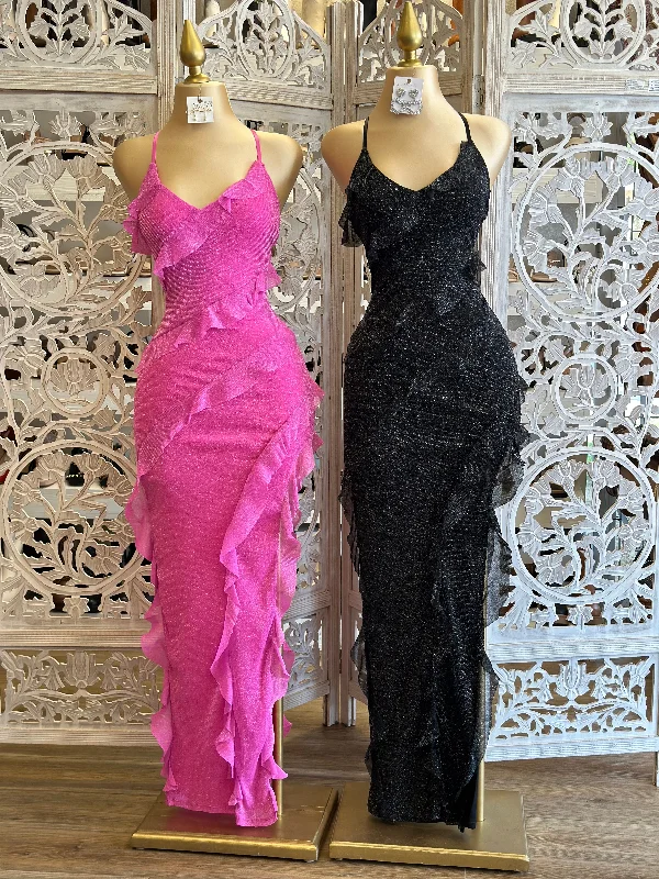 Fashionable Women's Clothes Hot Styles Ruffle Glitter Maxi Dress- Stretchy