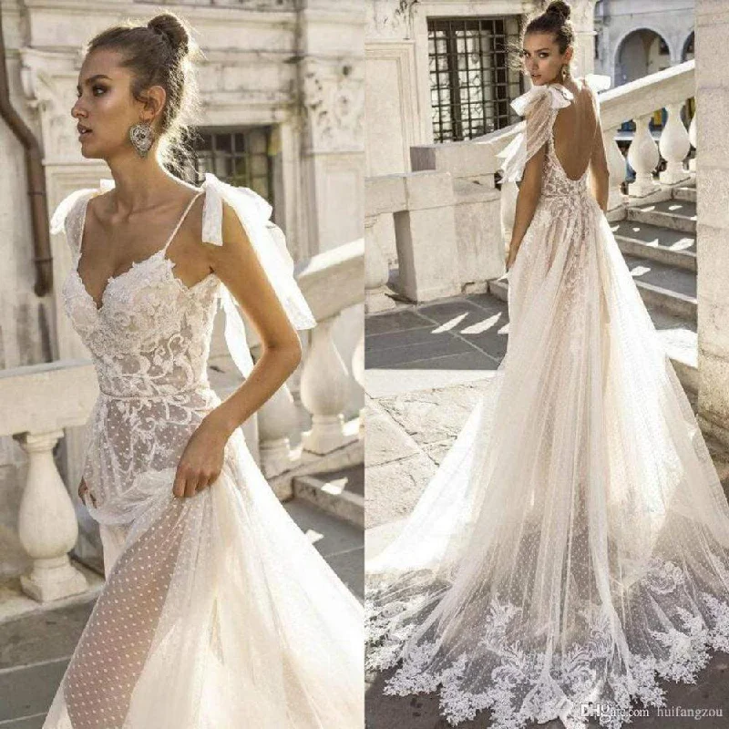Sustainable Women's Clothes Y2K Nostalgic Fashion Look Roycebridal Sexy Boho Wedding Dresses Spaghetti Straps Illusion Lace Backless