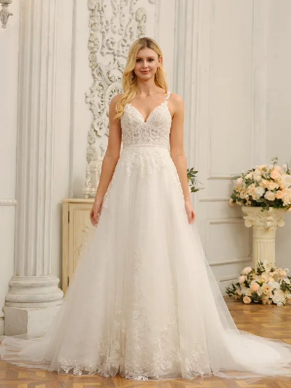 Women's Plus-Size Clothes Sophisticated Cut Spaghetti Straps V-Neck Sleeveless Long Wedding Dresses with Appliques & Beading
