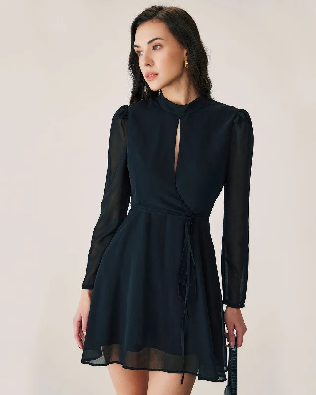 Women's Date Night Outfit Feminine Soft - Hued Look Black Chiffon Wrap Mini Dress