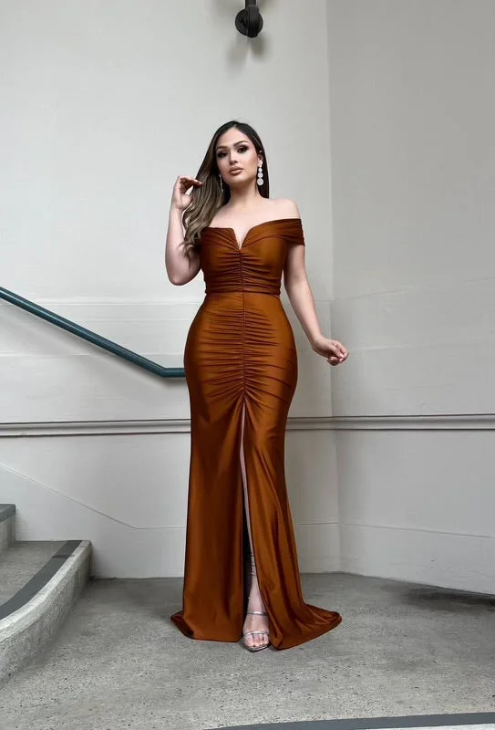 Women's Resort Garments Exclusive Sale Rust Heartline Ruched Gown- Slightly Stretchy, Estira