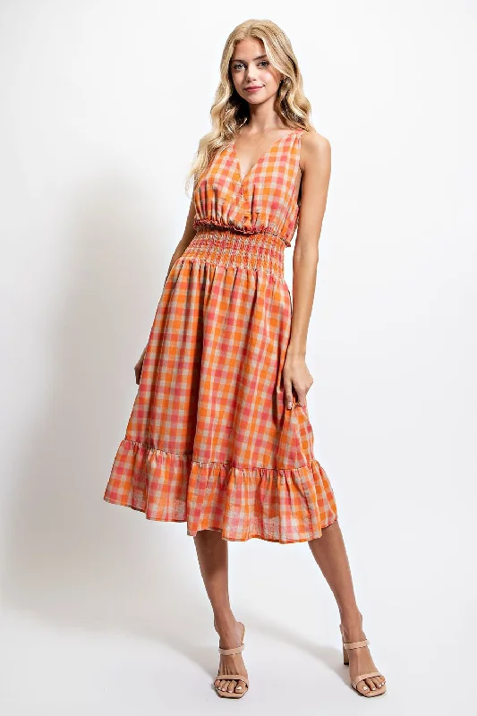 Women's Sporty Chic Clothes Hollywood Glam Award - Show Style PLAID BACK NECK TIE MIDI DRESS