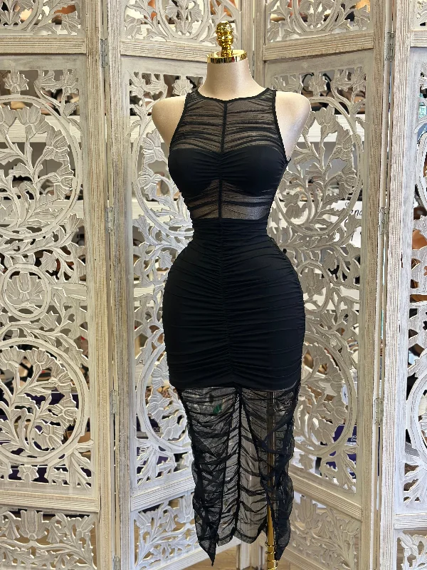 Women's Trendy Activewear Apparel Trend Forward Women's Wear Black Mesh Scrunched Midi Dress - Estira, Stretchy Women's Trendy Activewear Apparel Trend Forward Women's Wear Black Mesh Scrunched Midi Dress - Estira, Stretchy