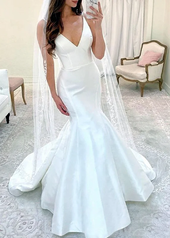 Women's Night-Out Outfit Casual Chic Women Mermaid Satin Wedding Dresses Sleeveless V-Neck Bridal Gowns YWD220