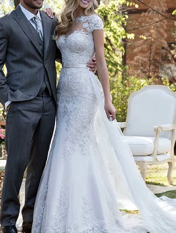 Stylish Outerwear Clothes For Women Boho - Chic Festival - Ready Style Women Mermaid Appliques Wedding Dresses Long Lace Bridal Gowns YWD174