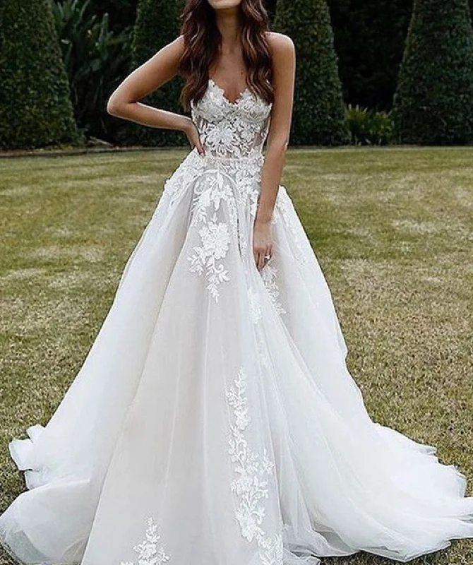 Women's Holiday Apparel The Latest Fashion Trends Women A-Line Appliques Wedding Dresses Long V-Neck Lace Bridal Gowns YWD195