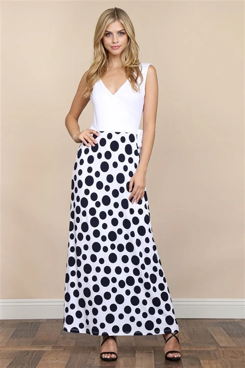 Stylish Women's Garments For Holidays Casual Weekend Relaxed Style Navy Blue and White Polka Dot Maxi Dress