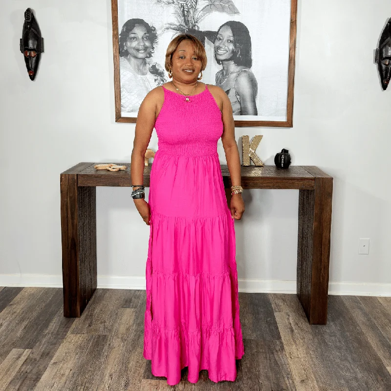 Affordable Women's Attire Premium Fabrics 'Nia' Smocked Tiered Maxi Dress | Pink