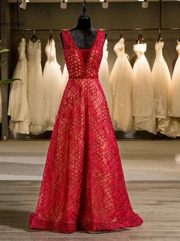 Casual Chic Clothing For Women Seasonal Sale A-Line/Princess V-Neck Sleeveless Rhinestone Backless Red Floor-Length Wedding Dresses