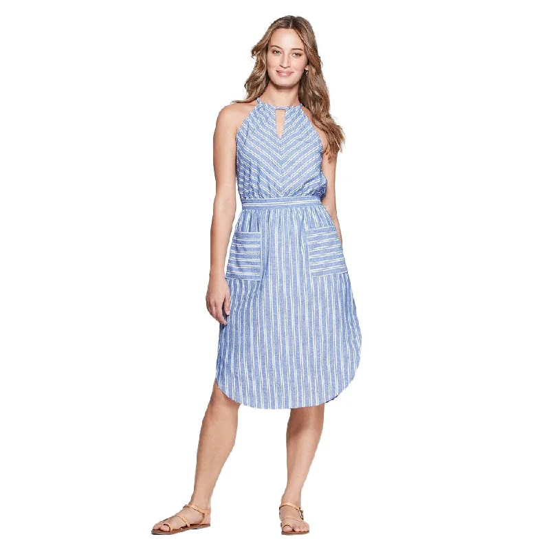 Comfortable Women's Clothes Luxe Layering Women's Striped Sleeveless High Neck Midi Dress,Blue