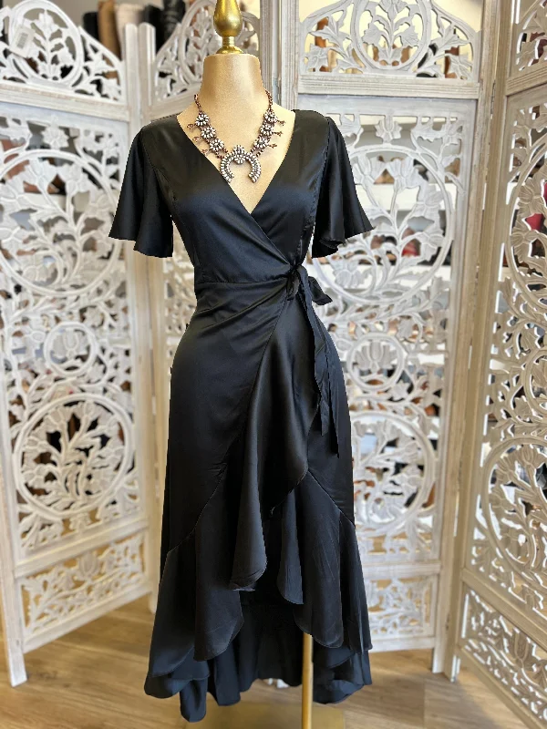 Luxury Women's Clothing Designer Wear On Sale Black Ruffle Wrapped Maxi Dress - Not Stretchy 100 % poliéster