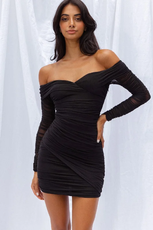 Affordable Women's Clothing Now On Sale For Chic Urban Styles Moonrise Off-Shoulder Crossover Neckline Long Sleeve Ruched Dress Black