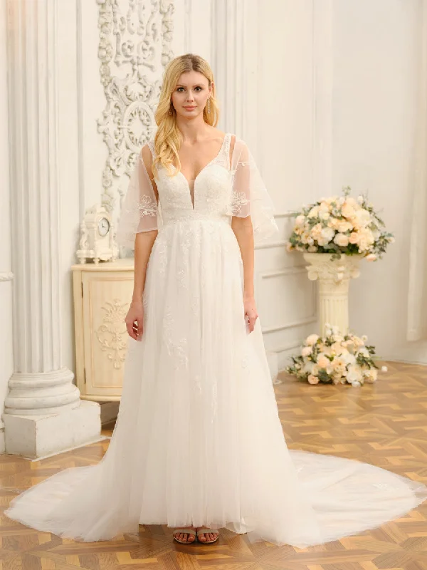 Women's Everyday Apparel Classic Appeal A-Line/Princess V-Neck Half Sleeves Long Wedding Dresses with Appliques