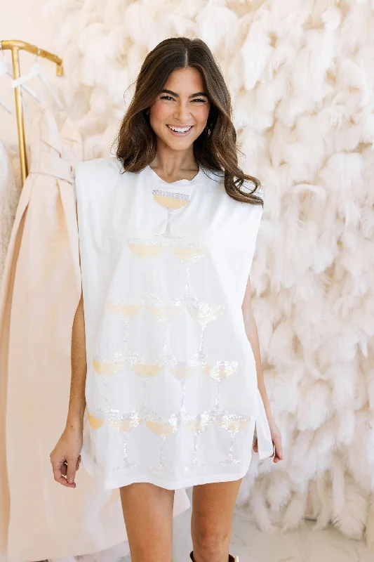 Versatile Style Wardrobe White Champagne Tower Shoulder Pad Dress