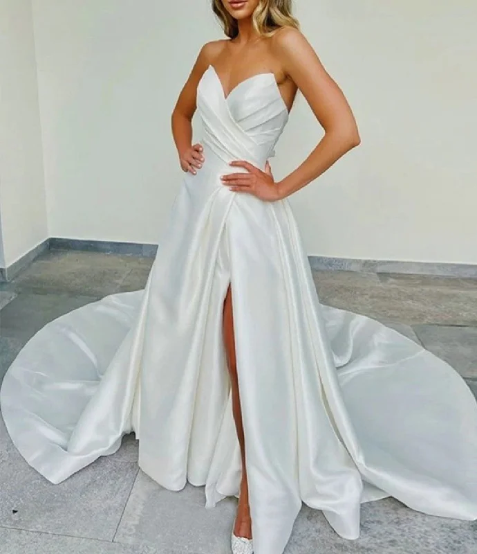Women's Formal Event Attire Flash Sale Fever Women A-Line Satin Wedding Dresses Sweetheart Sleeveless Bridal Gowns YWD212