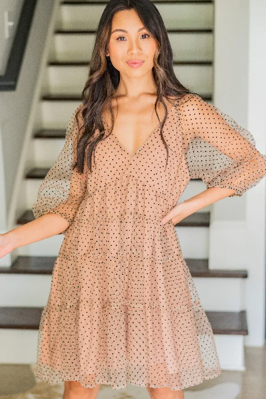 Women's Office Clothing Fashion Sale Feeling Your Best Mocha Brown Polka Dot Dress