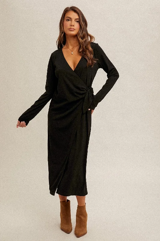 Women's Party Clothes Sophisticated Cut TIE WAIST V-NECK RIB MIDI DRESS