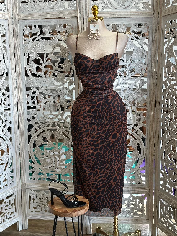 Formal Attire For Women Shop Sales Leopard Print Cami Midi Dress- Stretchy,Estira