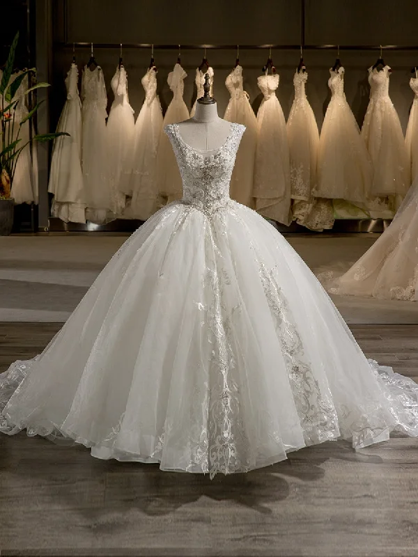 Women's Work Outfit Fashion For Every Occasion Scoop Sleeveless Tulle Embroidery With Beading Court Train Ball Gown Wedding Dresses