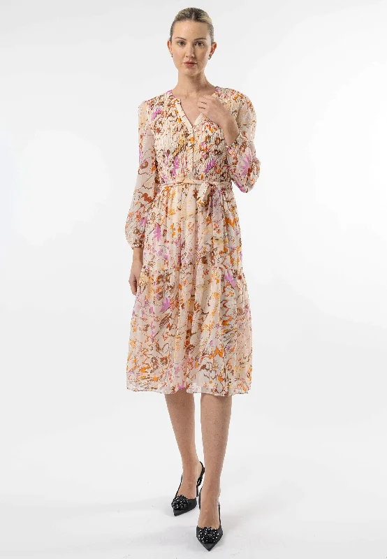 Formal Outfit For Women Spring Fashion Ruched Detail Tiered Midi Dress in Multi Print