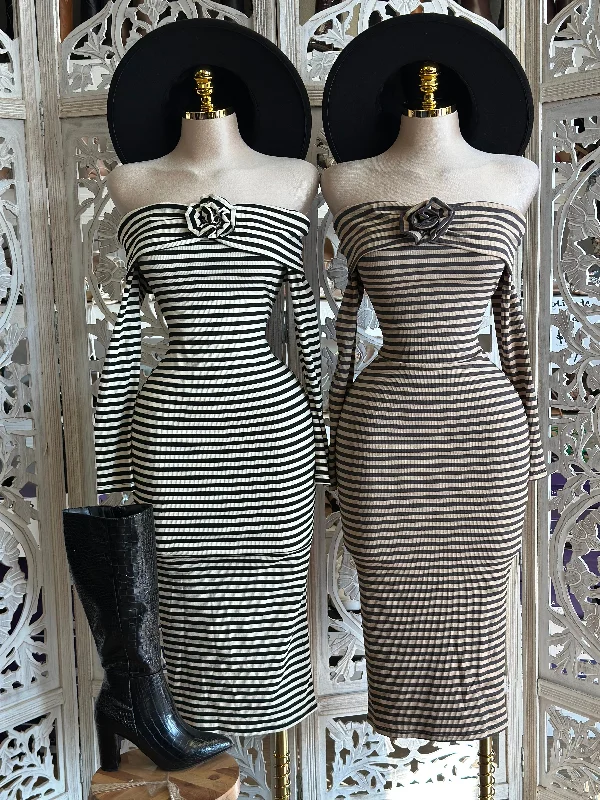 Women's Professional Attire Top Brand Discounts Off Shoulder Flower Detail Striped Midi Dress- Stretchy,Estira