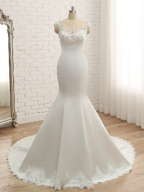 Vintage Clothing For Women Big Savings On Rustic Countryside Styles Trumpet/Mermaid Scoop Sleeveless Applique With Beading Lace Satin Court Train Wedding Dresses