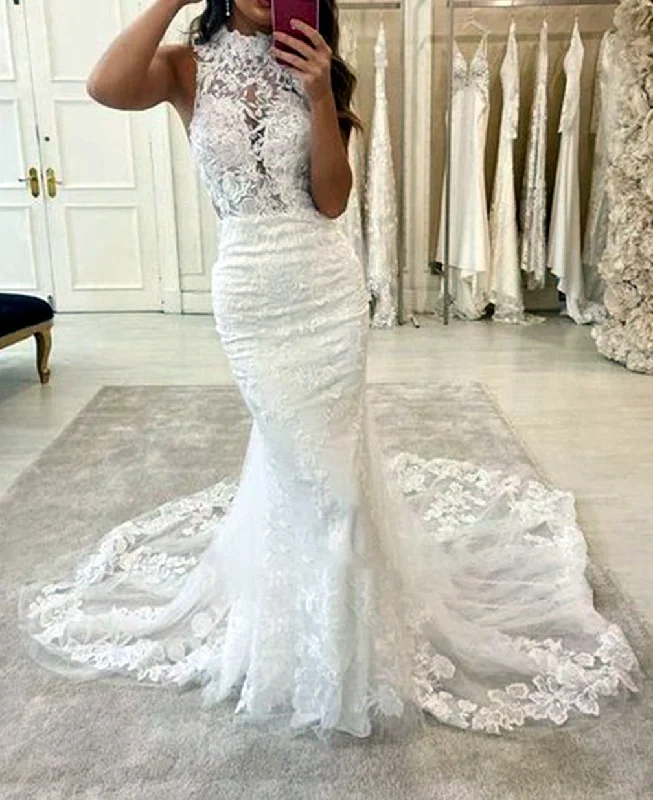 Women's Clothing And Garments Sets Buy More, Save More Women Mermaid Appliques Wedding Dresses Halter Lace Bridal Gowns YWD201