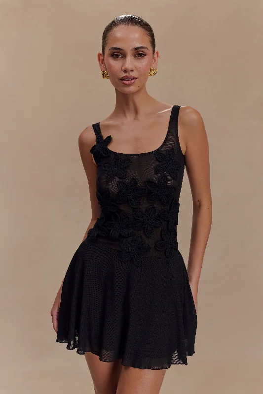 Women's Clothing For Holiday Travel Trendy And Individual Women's Fashion Melanie Mesh Mini Dress With Flowers - Black Women's Clothing For Holiday Travel Trendy And Individual Women's Fashion Melanie Mesh Mini Dress With Flowers - Black