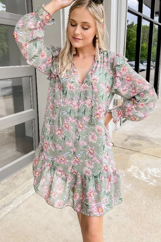 Charming Women's Holiday Apparel Exquisite Craftsmanship Let's Meet Up Green Tea Floral Dress