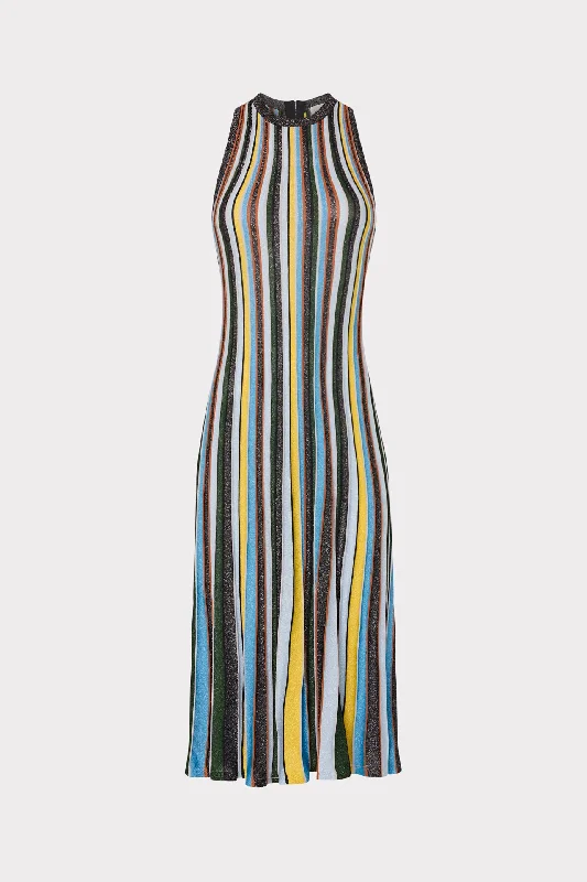 Women's Seasonal Apparel Earthy Tones Multi Stripe Halter Knit Midi Dress