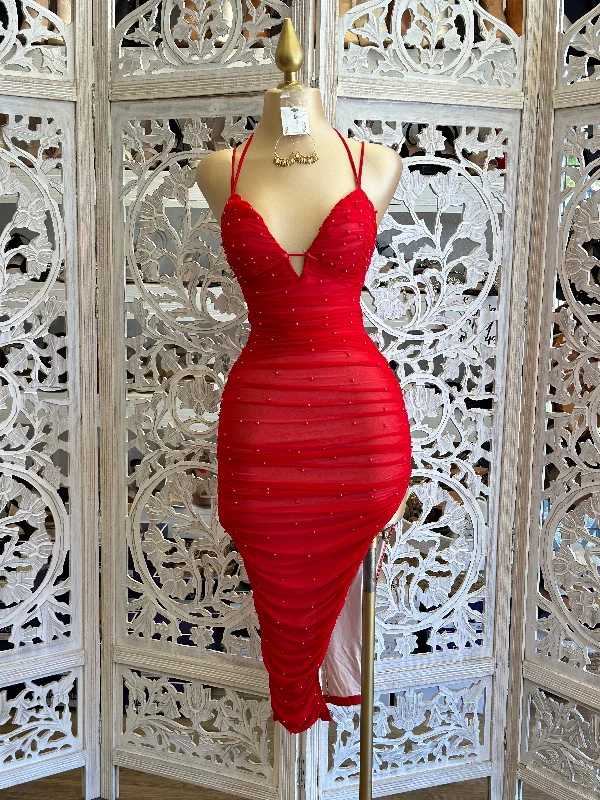 Women's Fashion-Forward Apparel Trend Setting Threads Red Pearl Mesh Midi Dress- Stretchy, Estira Women's Fashion-Forward Apparel Trend Setting Threads Red Pearl Mesh Midi Dress- Stretchy, Estira