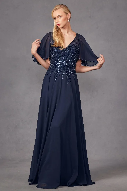 Classic Women's Apparel Chiffon Sleeves Deep V-Neck Embroidered Sequin Long Mother Of The Bride Dress JTJTM14F