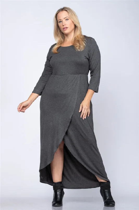 Women's Stylish Casual Garments Art Deco Geometric Pattern Look Charcoal Gray Plus Size Maxi Dress