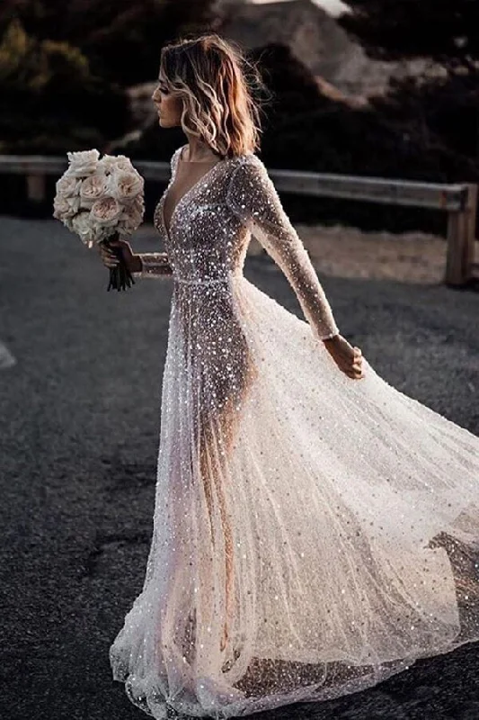 Chic Clothes For Women Feminine Elegance Roycebridal Bling Lace A-line Deep V-neck See Through Long Sleeves Wedding Dresses, MW572