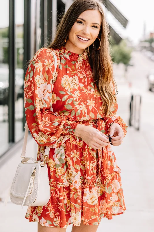 Women's Athletic Outfit Stylish Looks Now Or Never Rust Orange Floral Mini Dress
