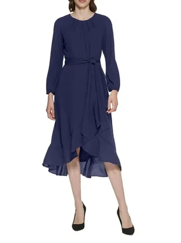Affordable Luxury Women's Apparel Graceful Cut Women's Ruffled MIDI Dress,Navy