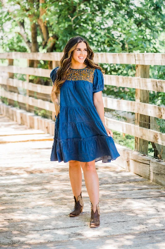 Charming Women's Clothes For Special Events Denim Embroidered Tiered Dress