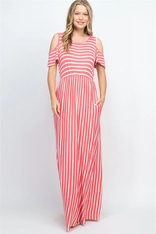 Women's Clothing And Garments Sets Effortless Sophistication Coral Stipe Cold Shoulder Maxi Dress
