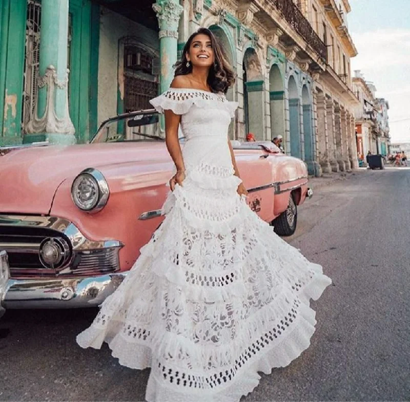 Casual Attire For Women Graceful Fashion JuliaFashion - 2024 White Lace Petal Sleeve Vintage Maxi Dress