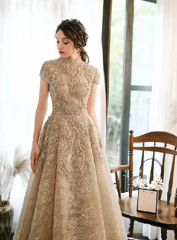 Women's Trendy Clothes Subtle Sophistication Champagne  Wedding Dress, Heavy Bead Prom Dress, Stand Collar, Lace Luxury Dress