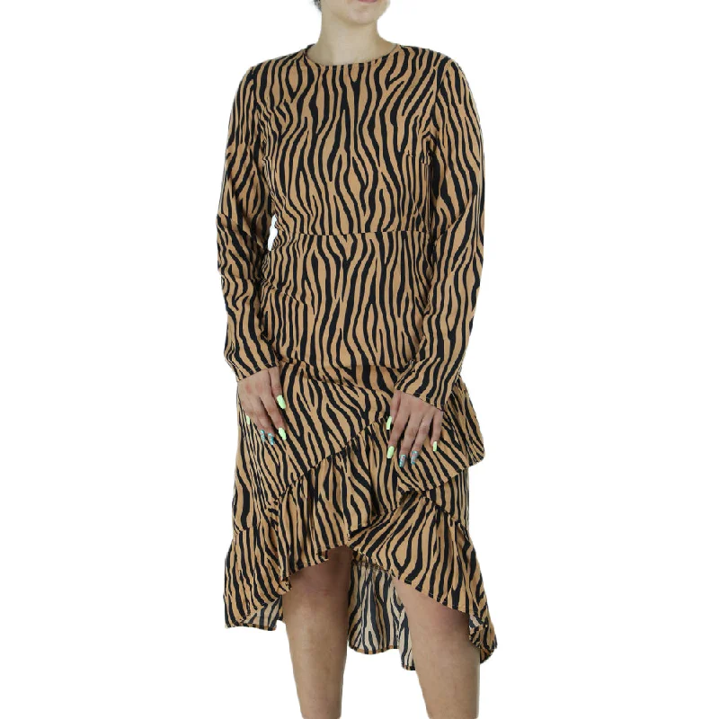 Affordable Women's Clothes Everyday Glamour Women's Zebra Print Ruffle Midi Dress,Black/Beige