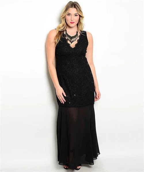 Stylish Outerwear Clothes For Women Clearance Sale, All Cheap Women's Plus Size Black Sequin and Lace Formal Evening Gown
